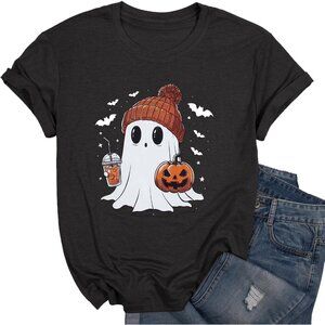 Women's Black Cotton Blend Halloween Ghost Retro Spooky Short Sleeve T Shirt